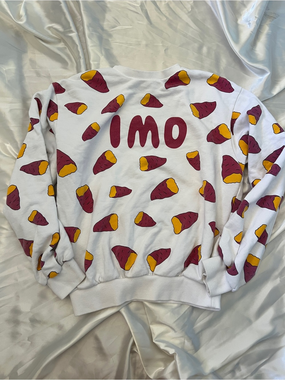 IMO White Sweatshirt with Maroon & Mustard Sweet Potato Print